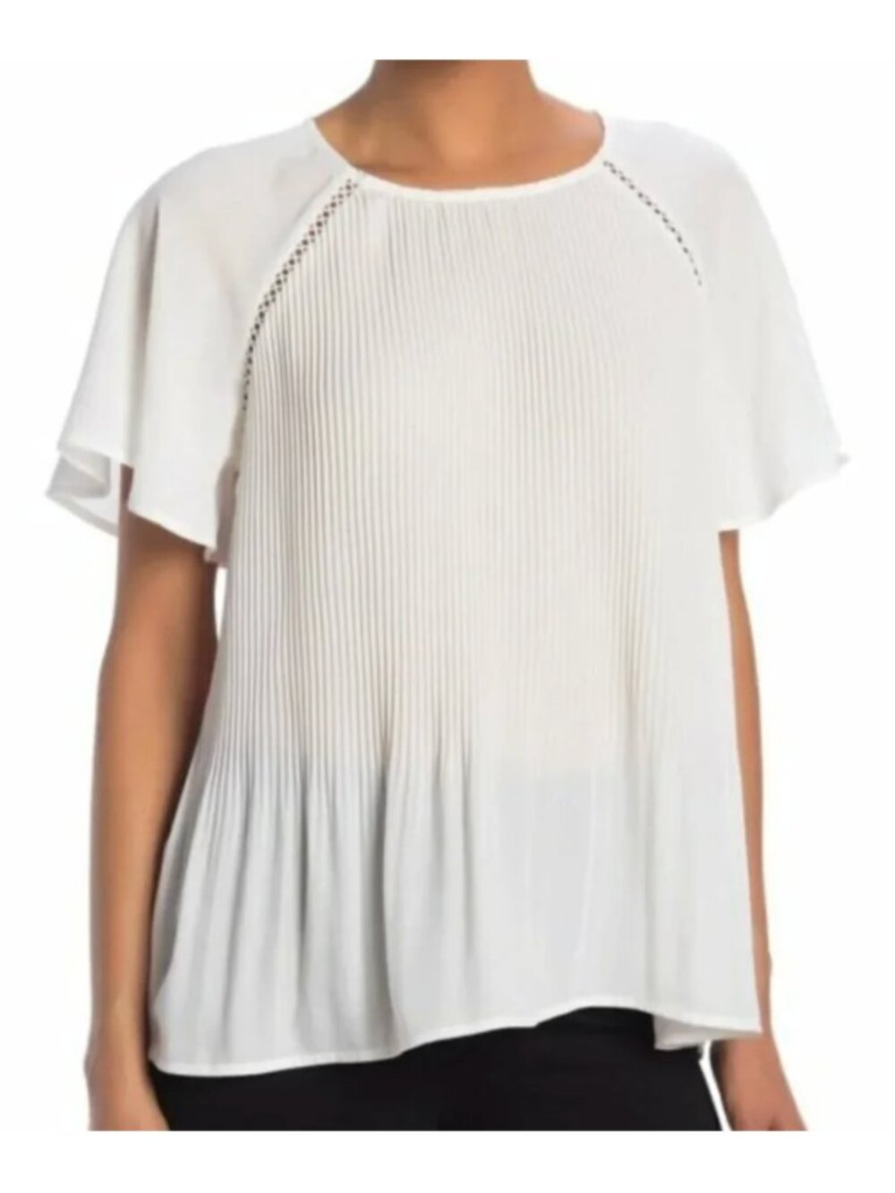 NEW NWT PLEIONE Pleated Flutter Sleeve Blouse Off White Ivory Short Sleeve Boho